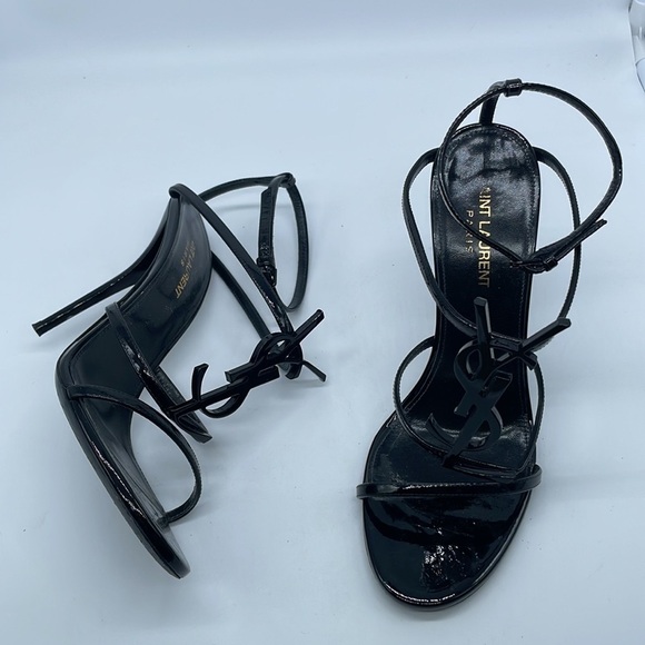 Saint Laurent YSL black on black cassandra strappy heels patent leather 38.5 - Picture 2 of 8